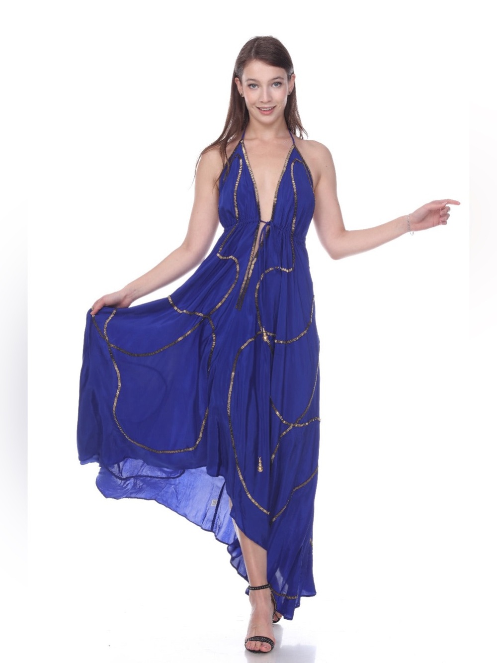 Stunning SIMONE IRANI Royal Blue Halter Maxi Dress NWOT